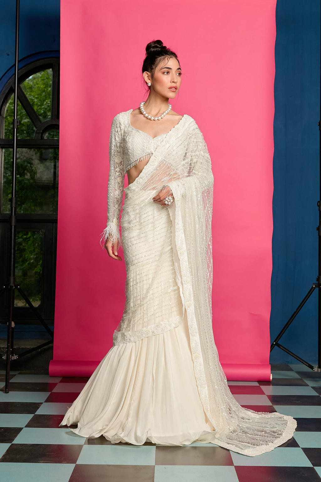 Ivory Hand Embroidered Draped Saree