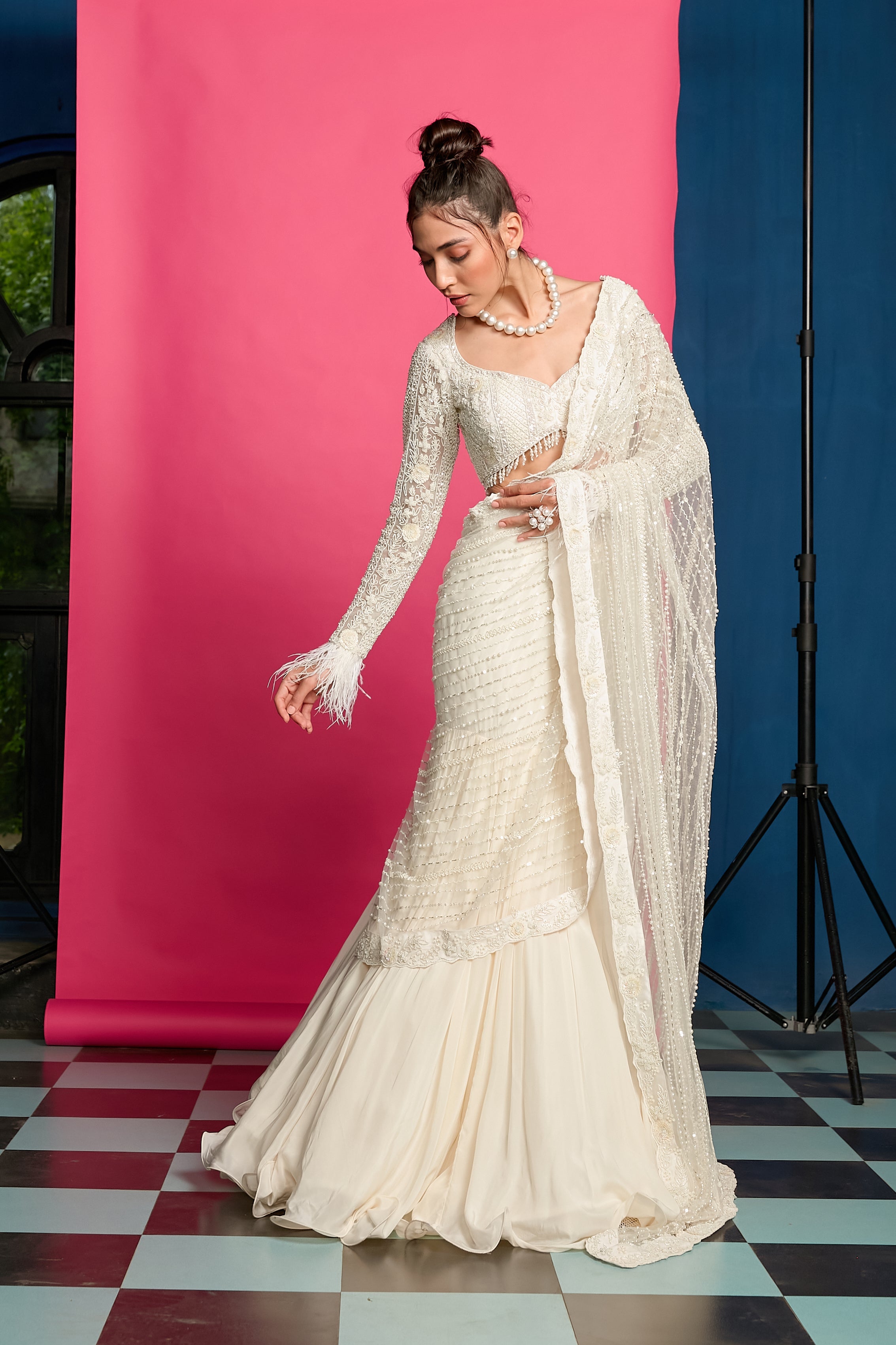 Ivory Hand Embroidered Draped Saree