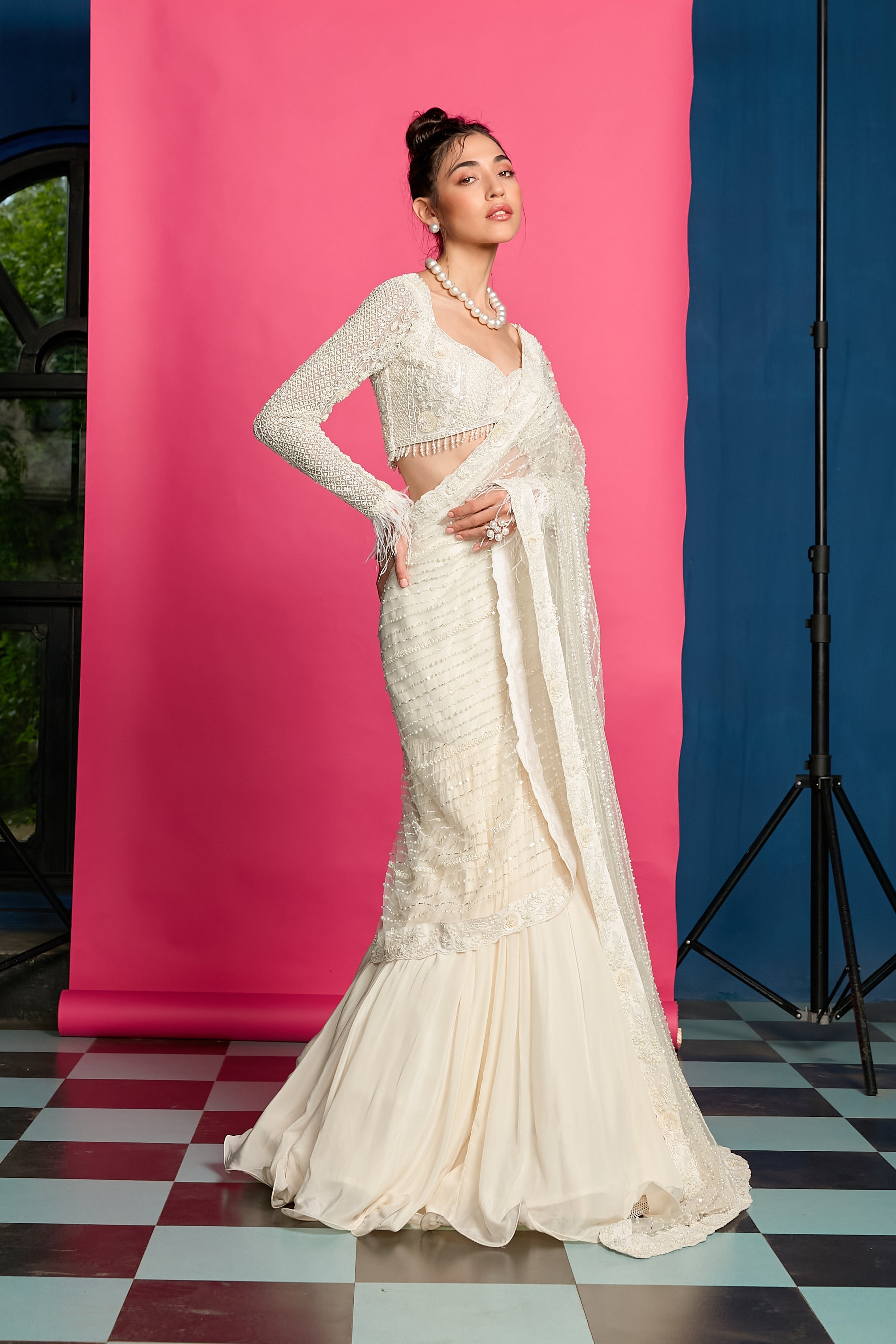 Ivory Hand Embroidered Draped Saree