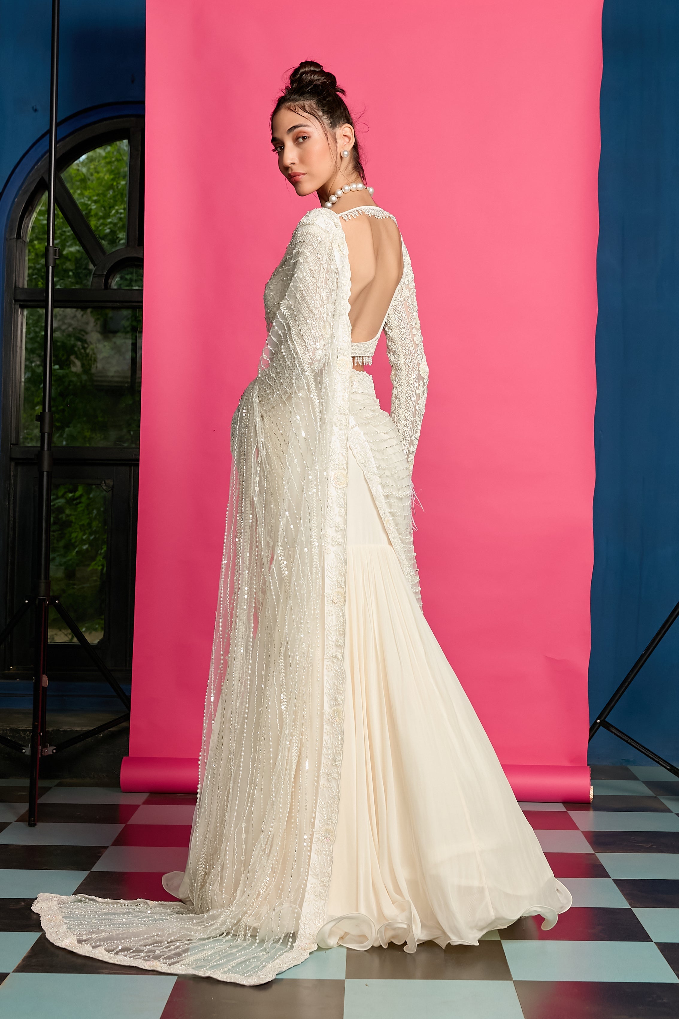 Ivory Hand Embroidered Draped Saree