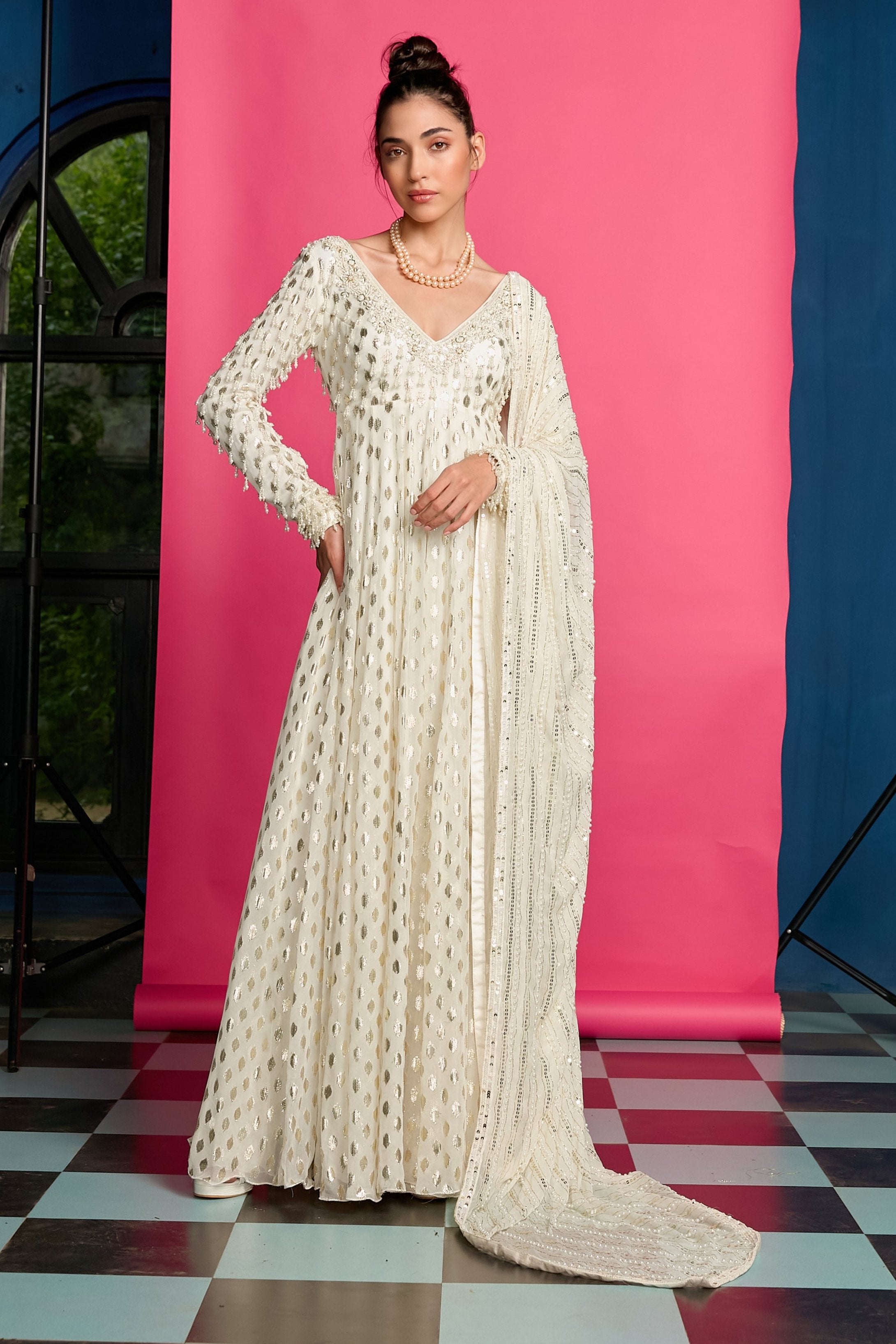 Ivory Shimmer Anarkali Set