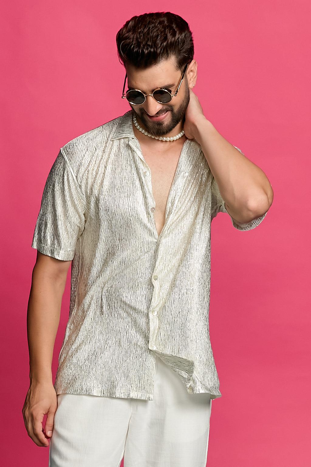 Shimmerveil Ivory And Gold Crinkle Shirt