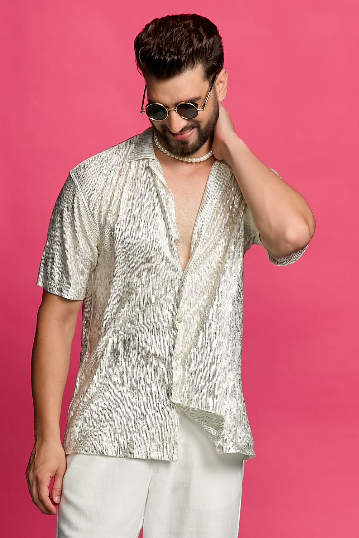 Shimmerveil Ivory And Gold Crinkle Shirt