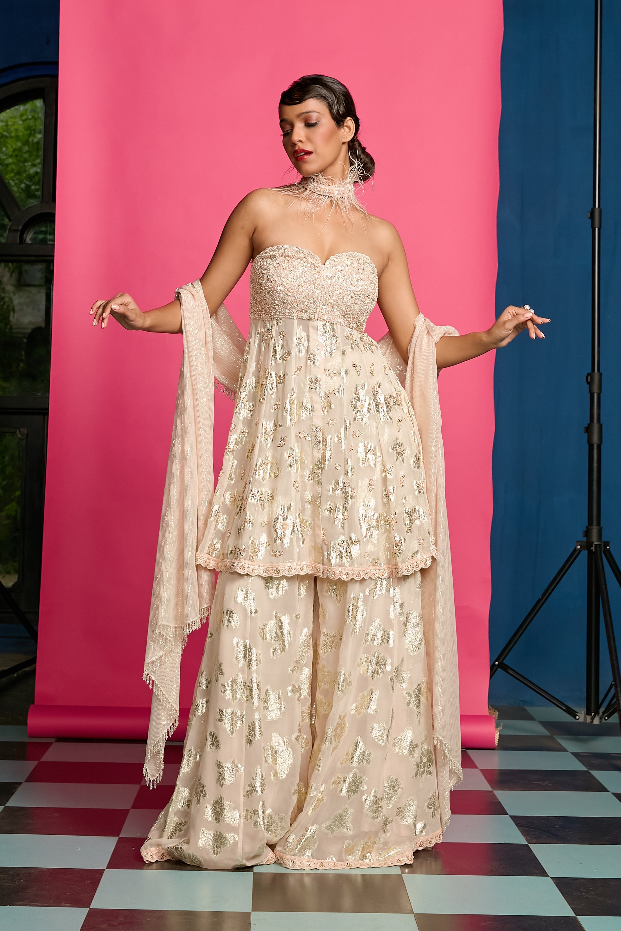 Gold Peplum Sharara Set