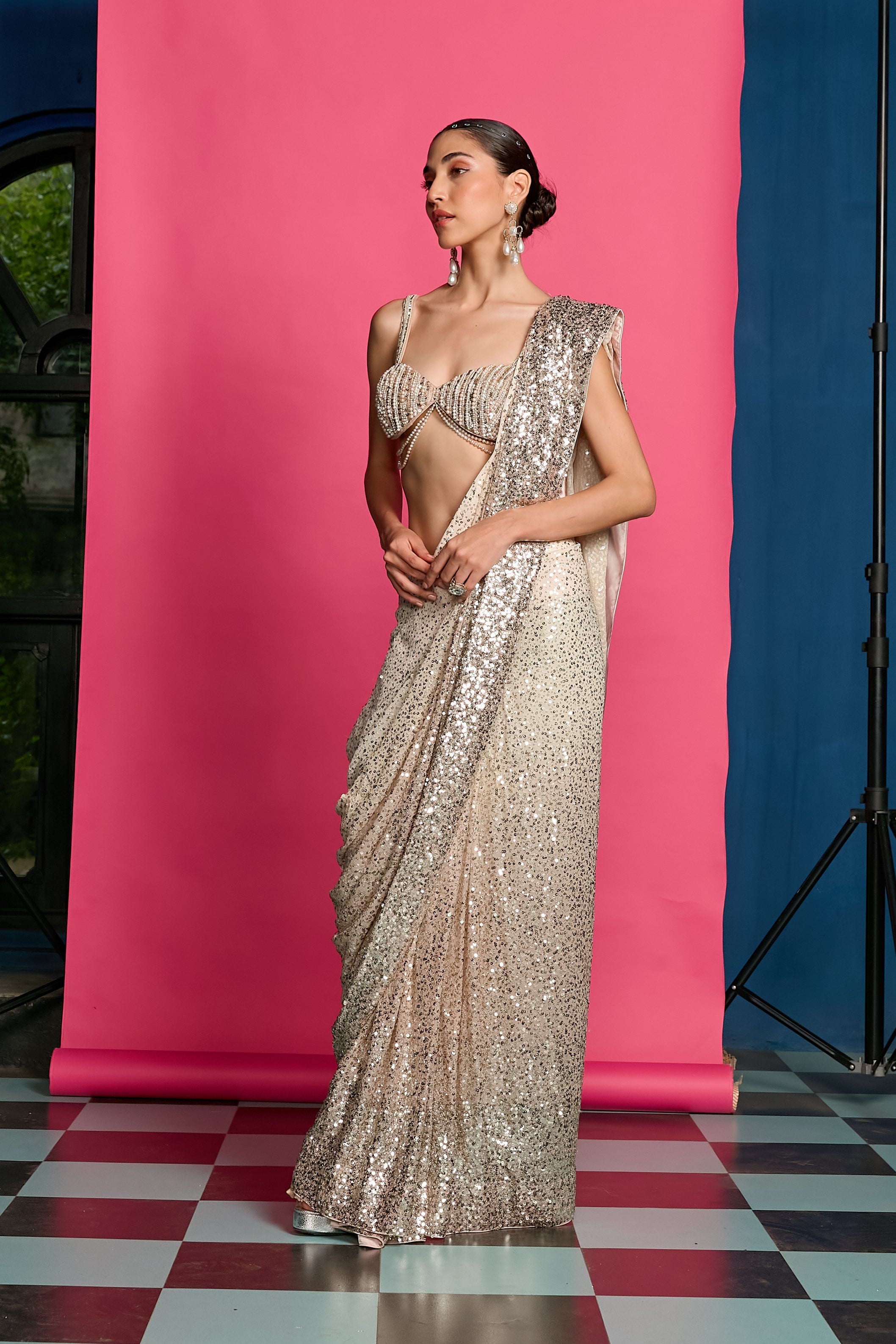 Ombre Dyed Sequins Saree Set Unstitched
