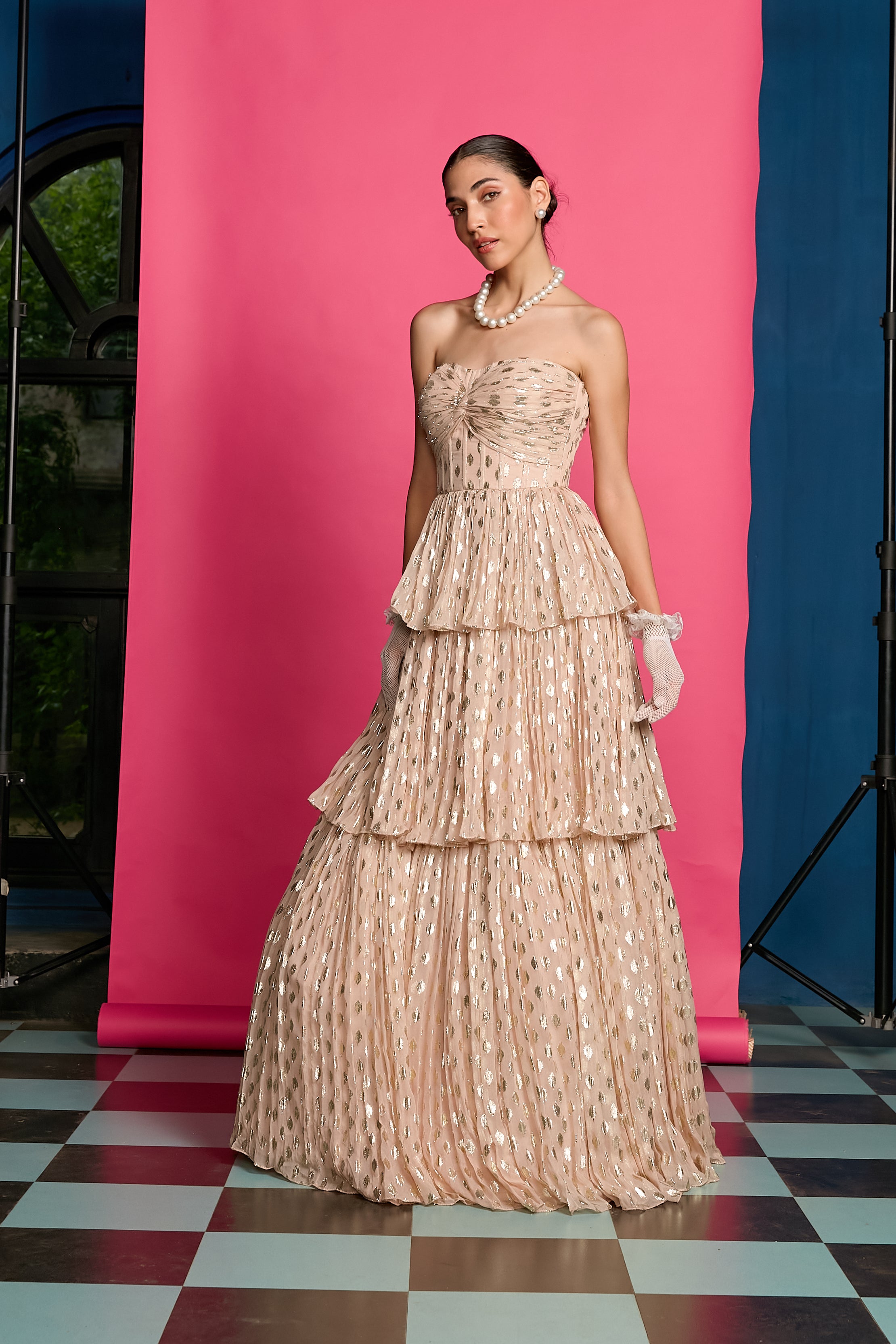 Gold Shimmer 3 Tiered Flared Gown