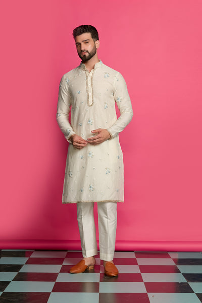 FROSTED PETALS- FLORAL IVORY EMBROIDERED KURTA SET