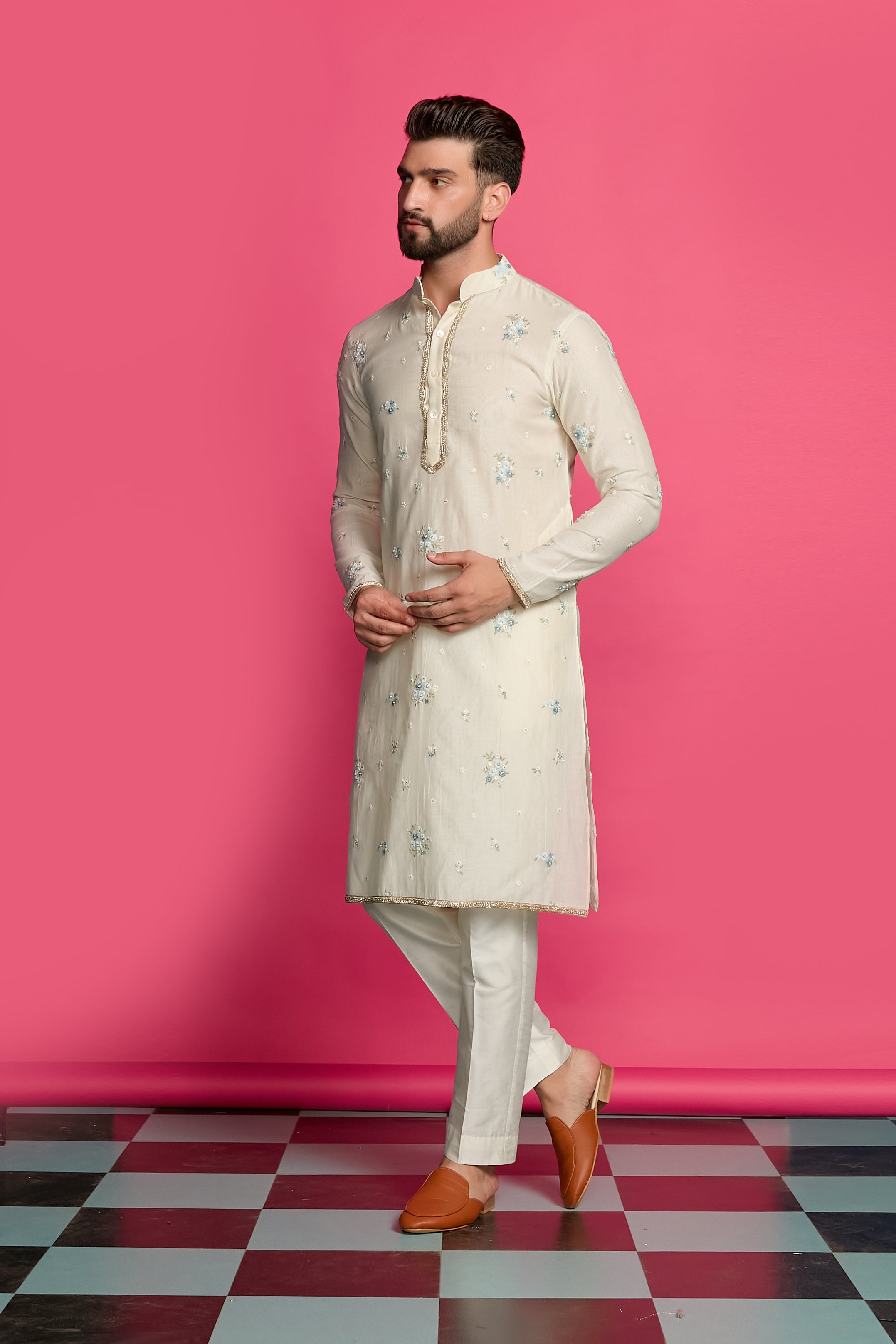 FROSTED PETALS- FLORAL IVORY EMBROIDERED KURTA SET