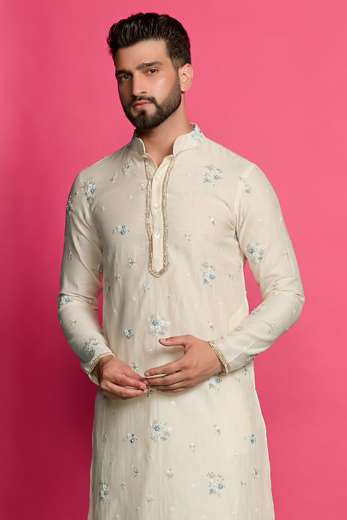 FROSTED PETALS- FLORAL IVORY EMBROIDERED KURTA SET