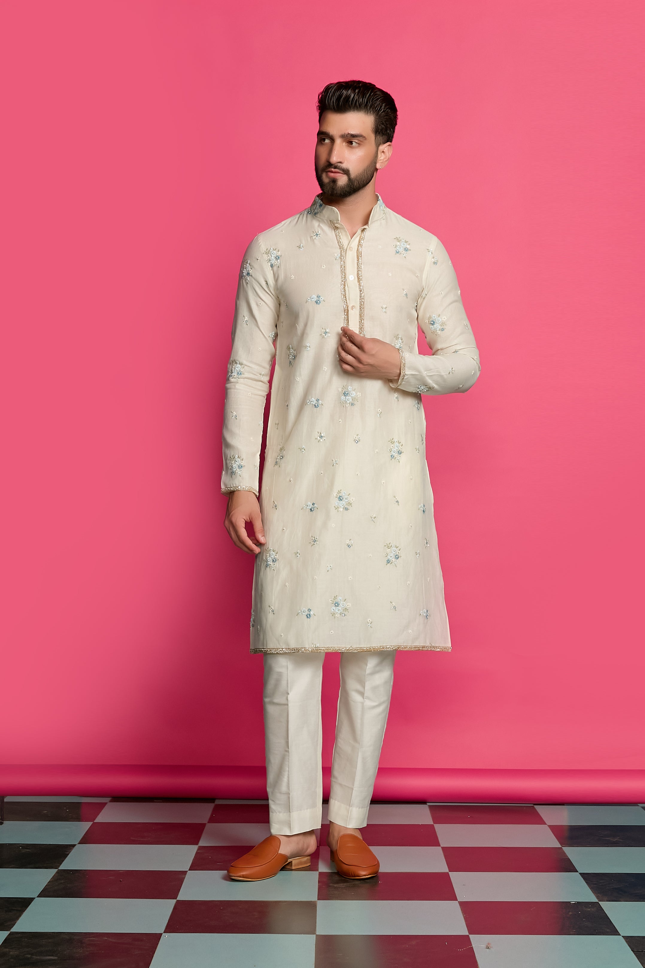 FROSTED PETALS- FLORAL IVORY EMBROIDERED KURTA SET