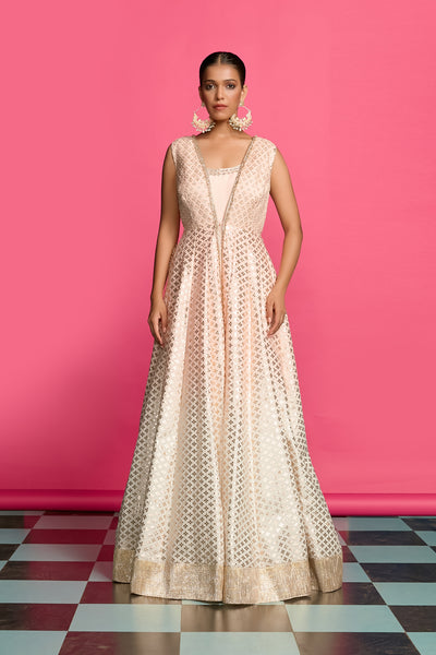 BLUSH CASCADE PEACH OMBRE LAYERED ANARKALI SET