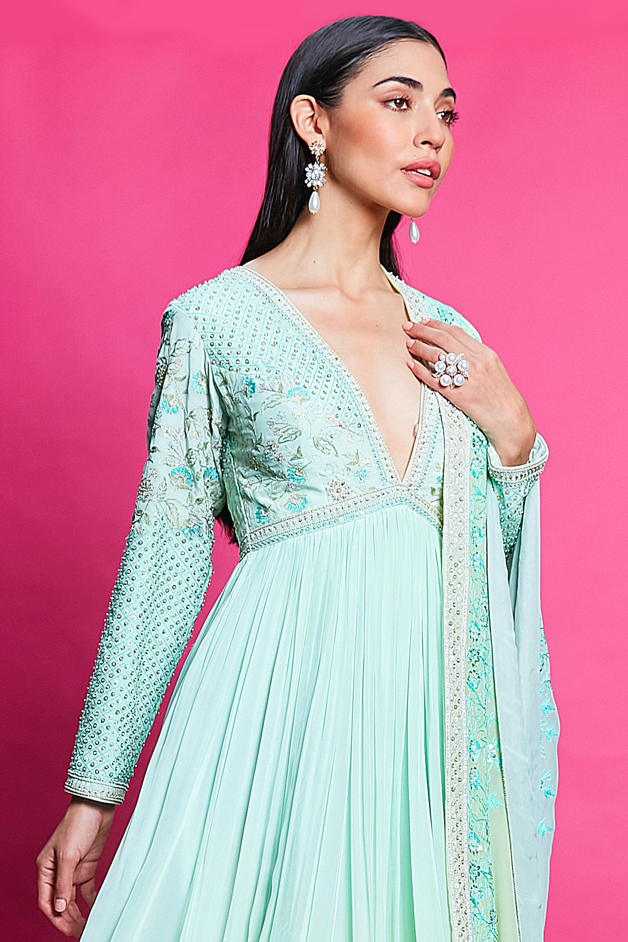 SKY BLUE AND MINT GREEN OMBRE DYED CREPE ANARKALI