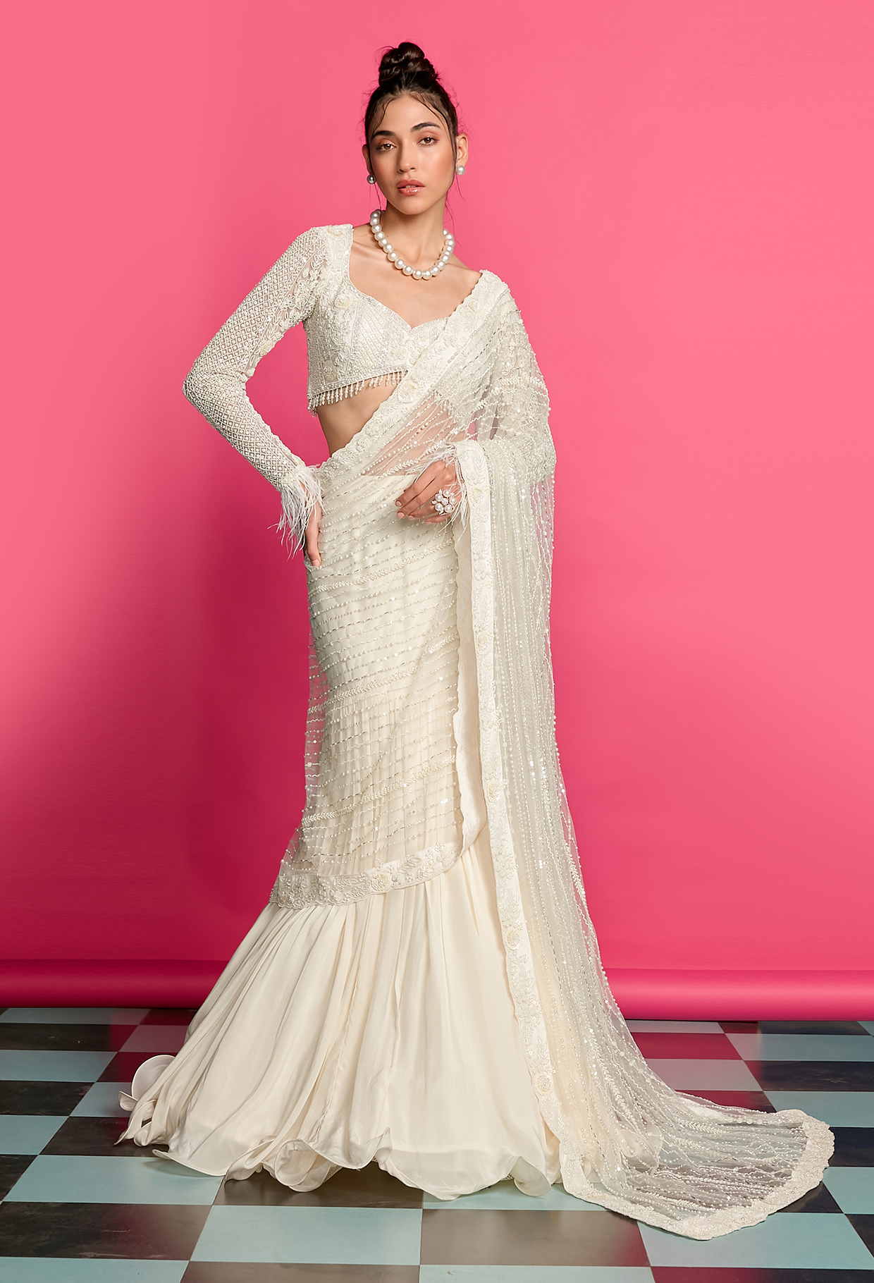 IVORY HAND EMBROIDERED DRAPED SAREE