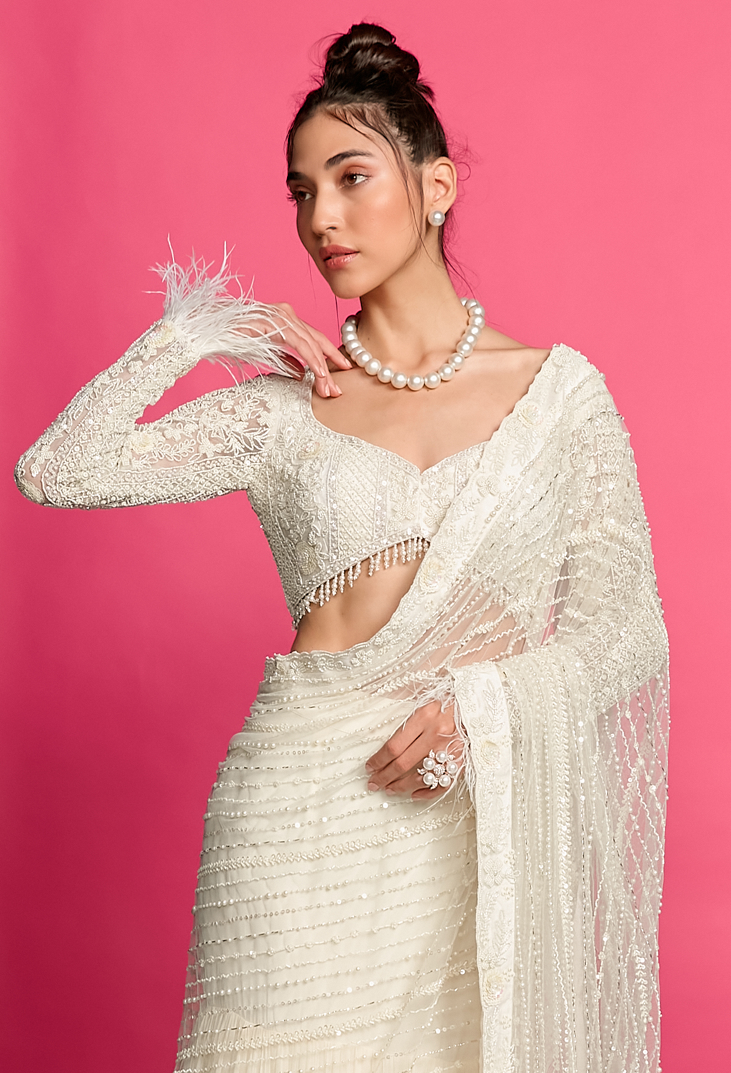 Ivory Hand Embroidered Draped Saree