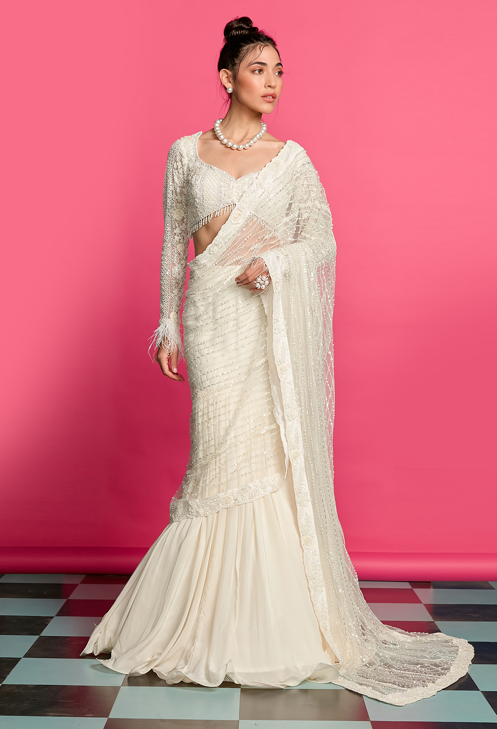 Ivory Hand Embroidered Draped Saree