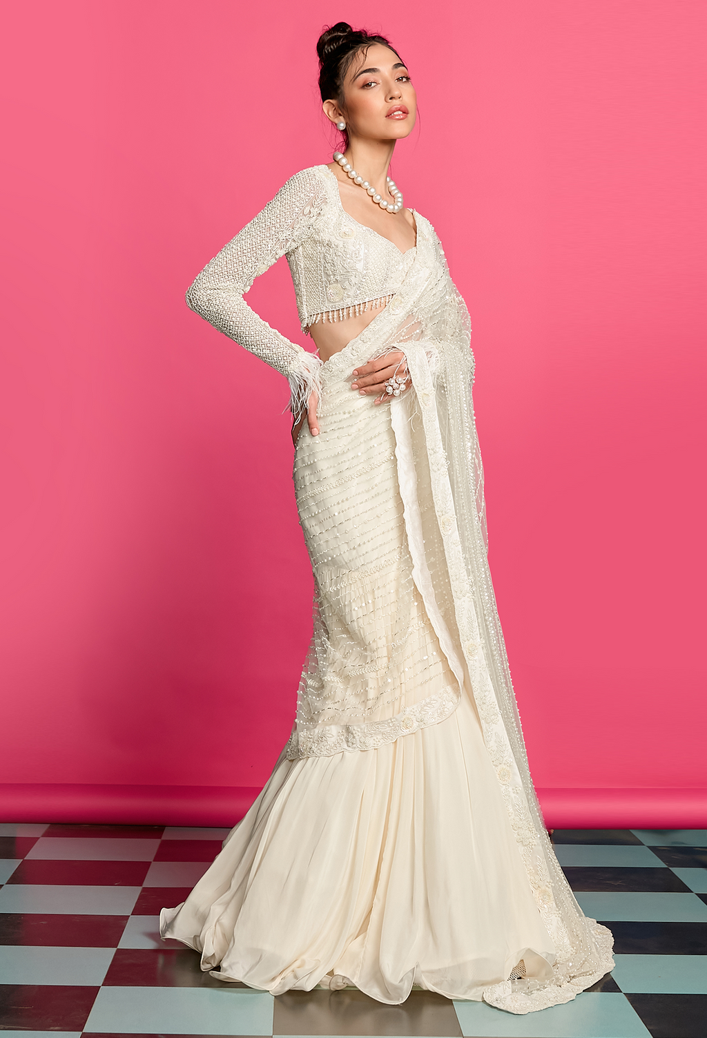 Ivory Hand Embroidered Draped Saree