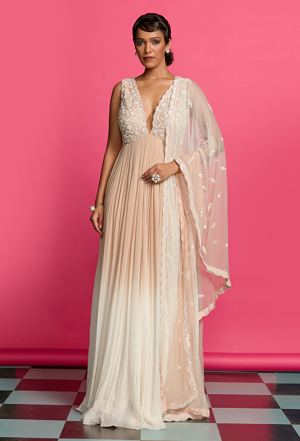 Ivory And Nude Ombre Dyed Anarkali