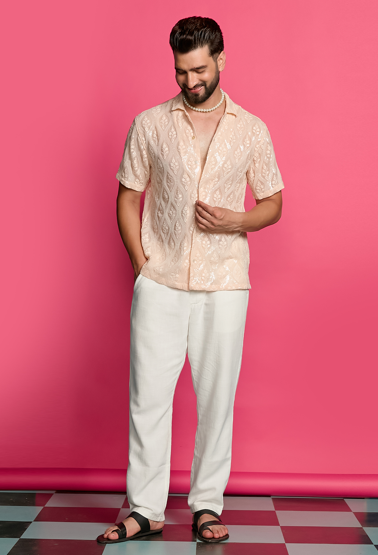 Shimmerveil Peach Intricate Embroidered Shirt