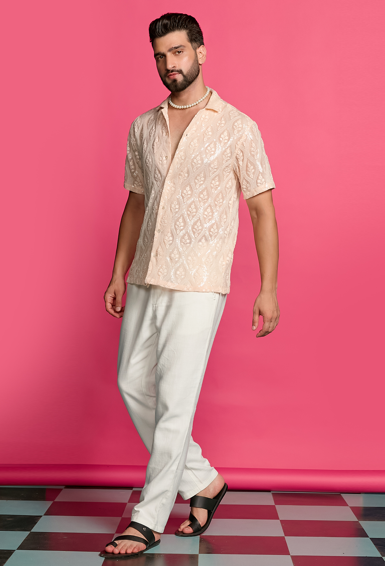 Shimmerveil Peach Intricate Embroidered Shirt