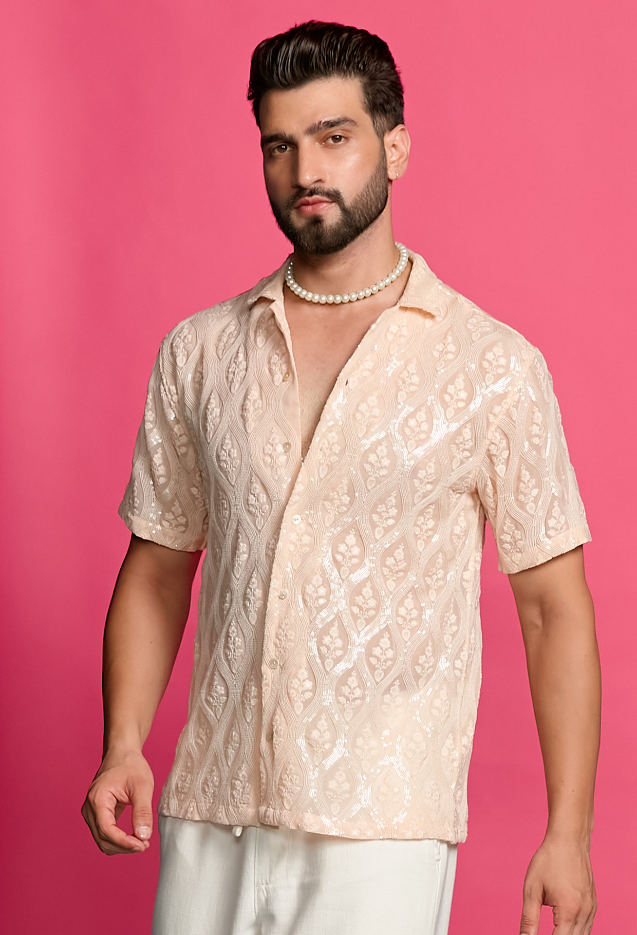Shimmerveil Peach Intricate Embroidered Shirt
