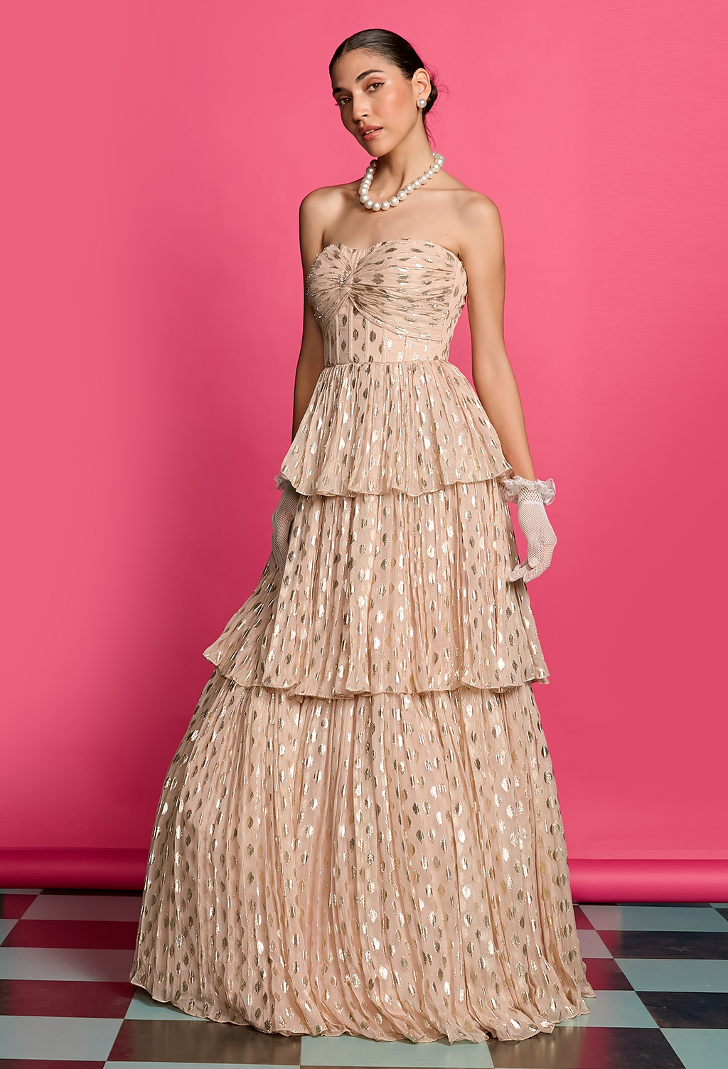 Gold Shimmer 3 Tiered Flared Gown