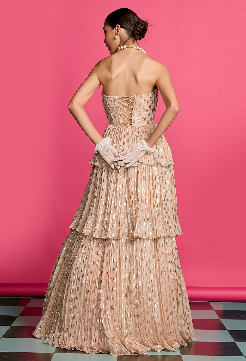 Gold Shimmer 3 Tiered Flared Gown