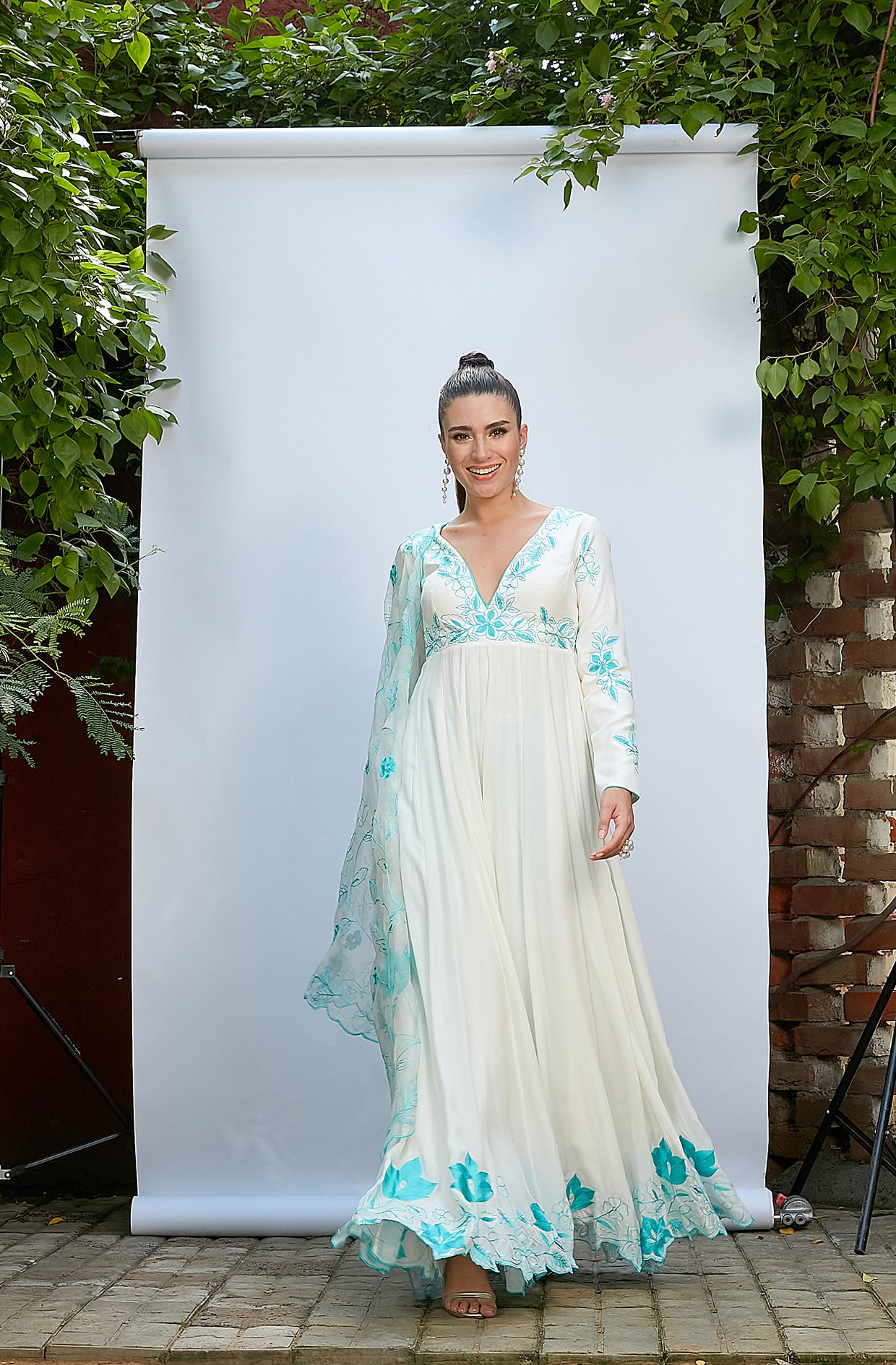 White Crepe Anarkali Set