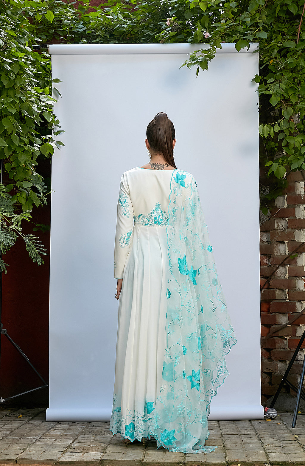 White Crepe Anarkali Set