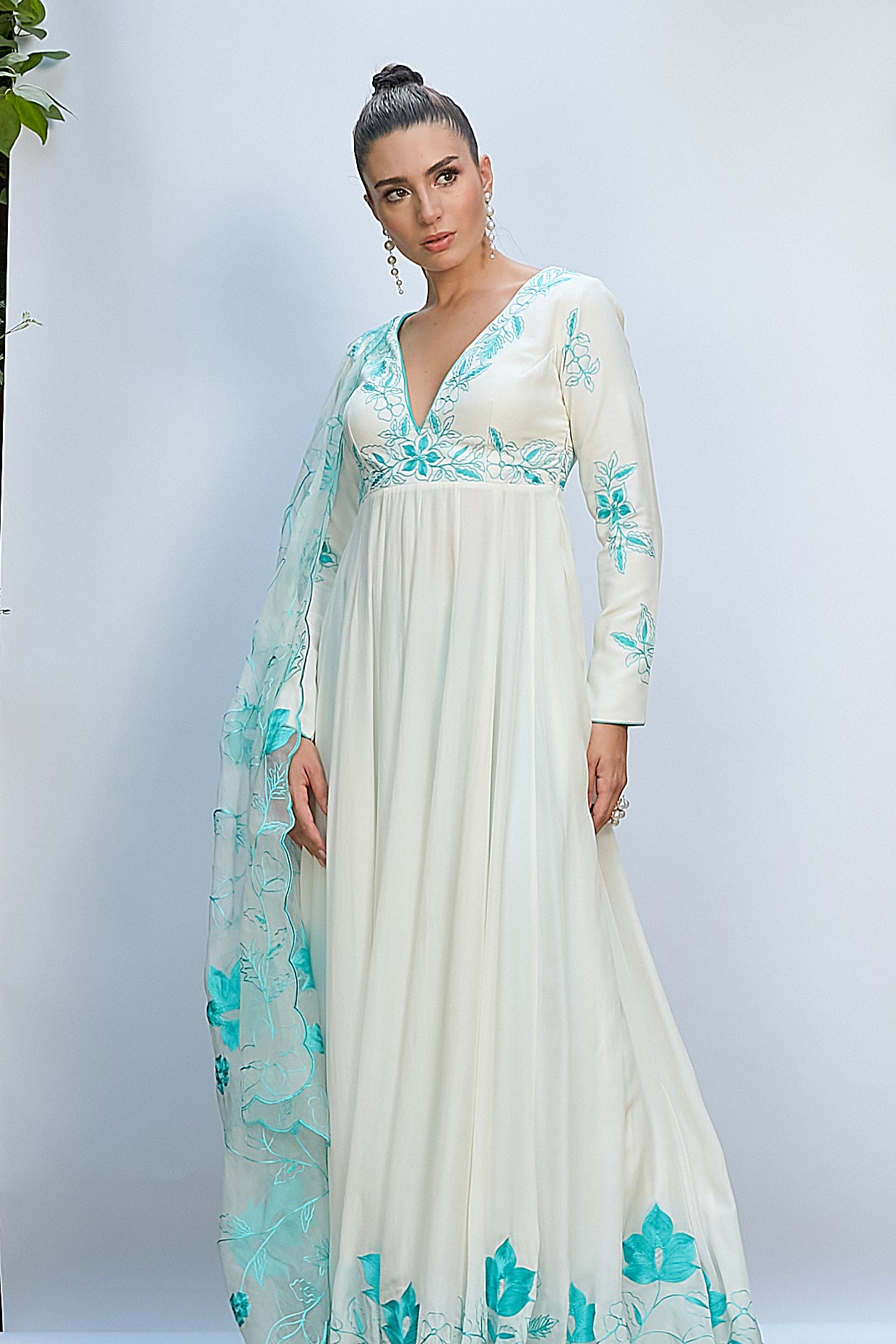 White Crepe Anarkali Set