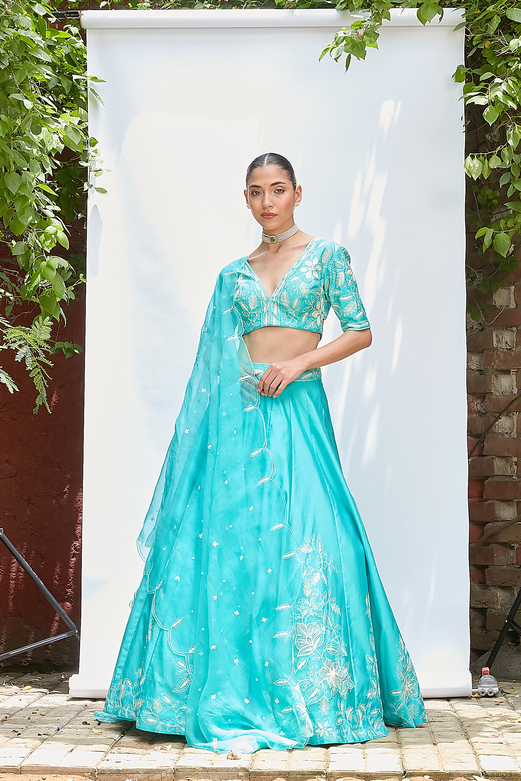 Turquoise Chanderi Lehenga Set