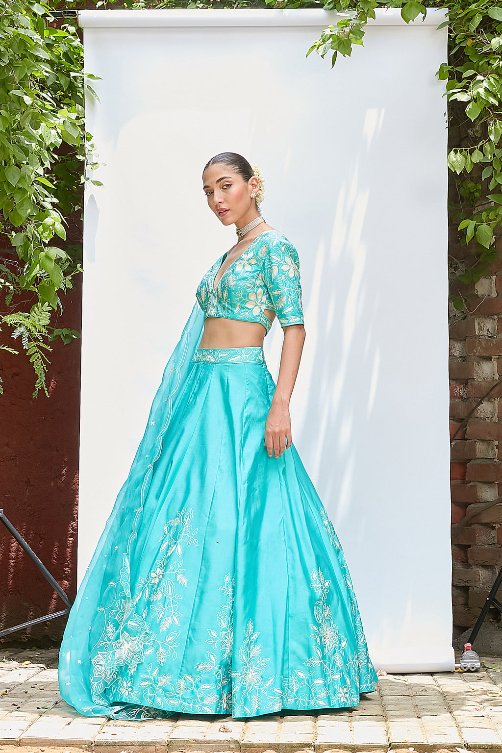 Turquoise Chanderi Lehenga Set