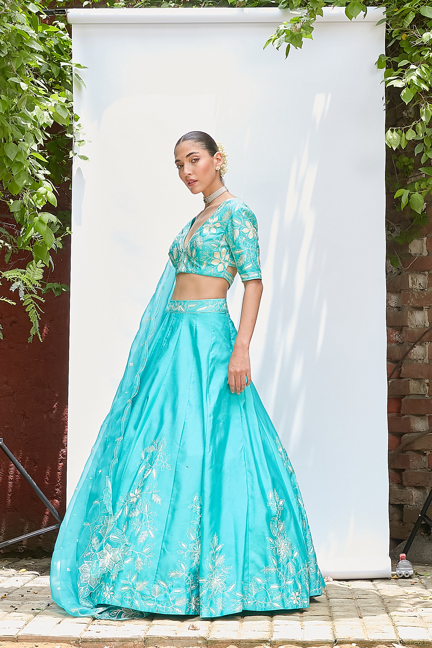 Turquoise Chanderi Lehenga Set