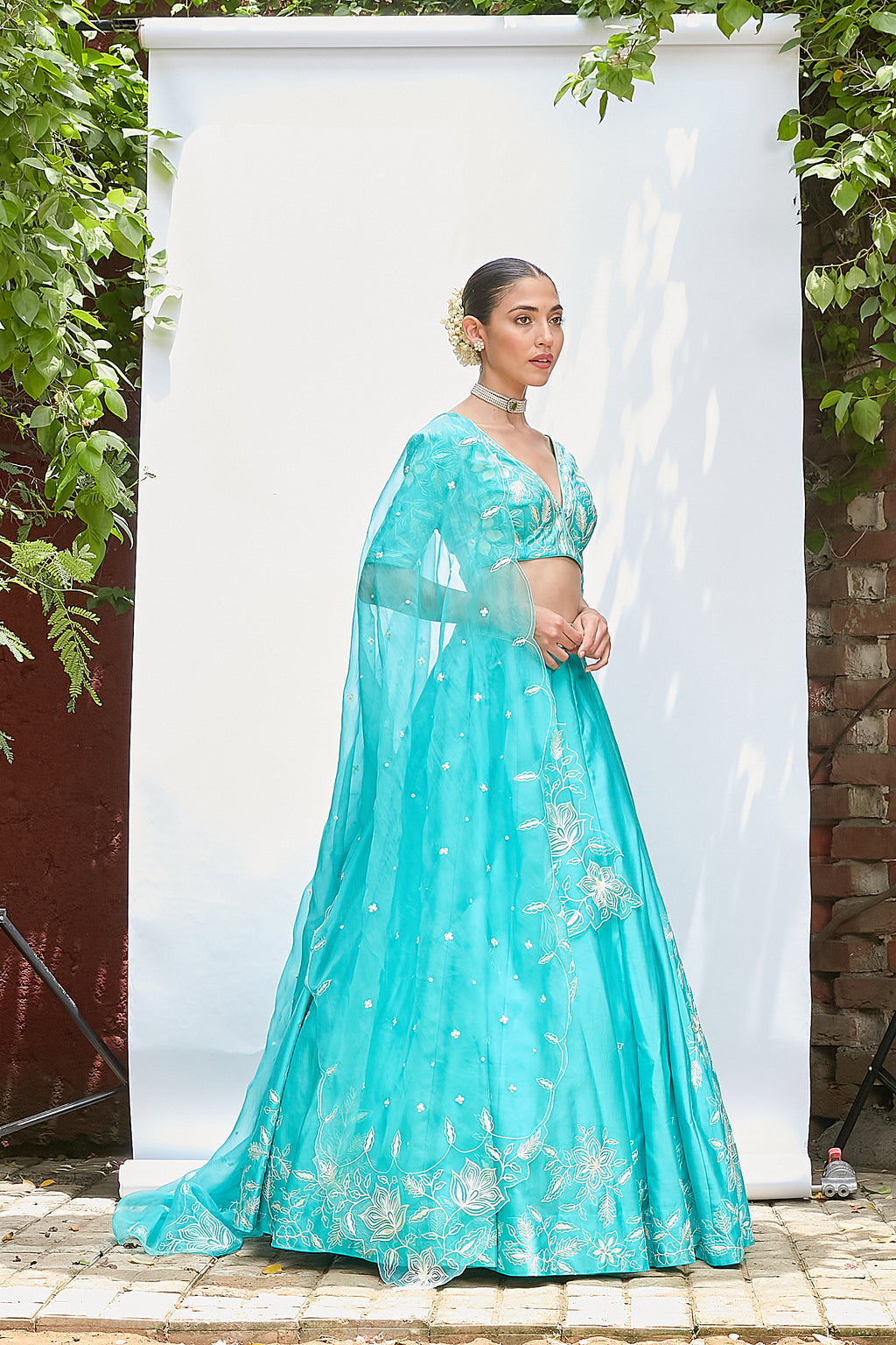 Turquoise Chanderi Lehenga Set