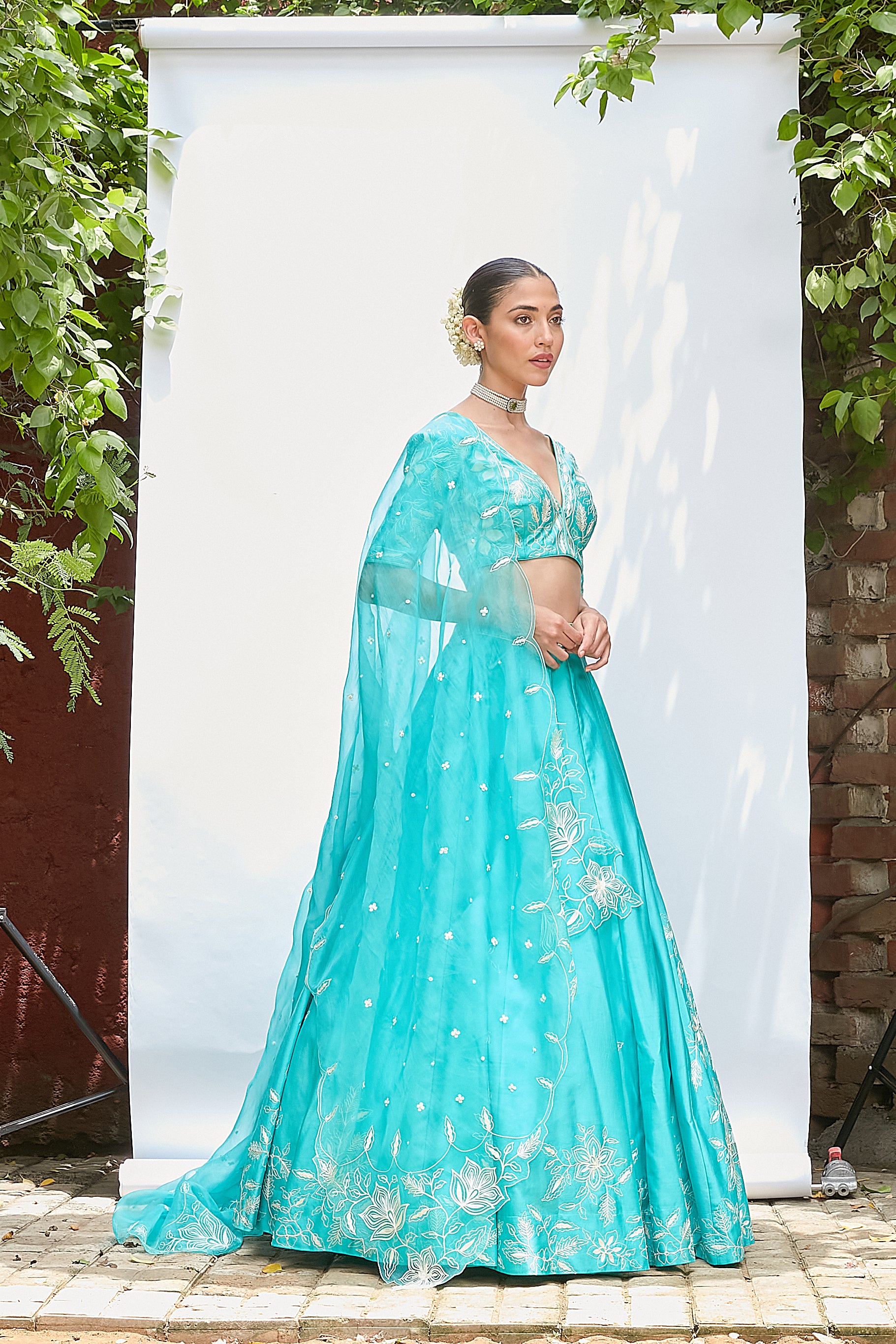 Turquoise Chanderi Lehenga Set