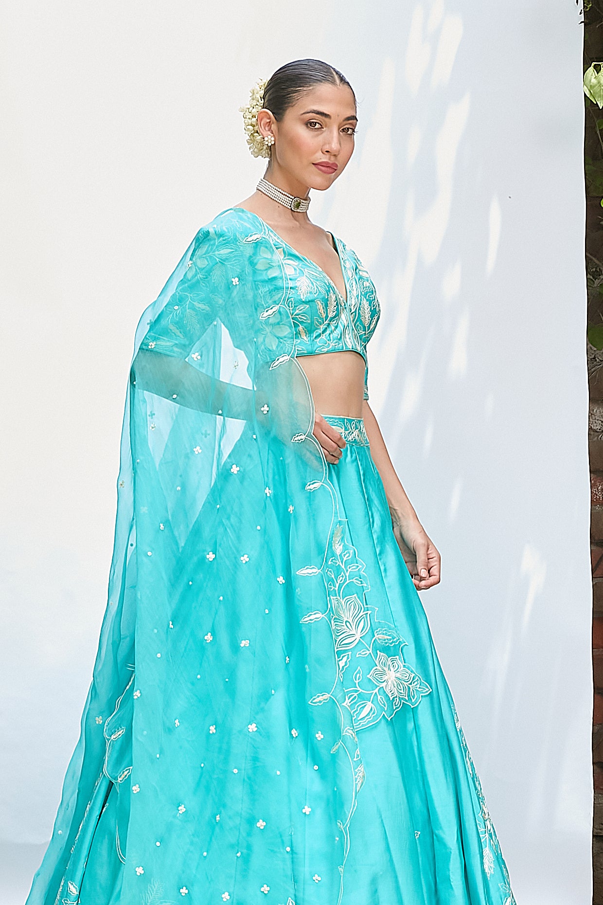 Turquoise Chanderi Lehenga Set