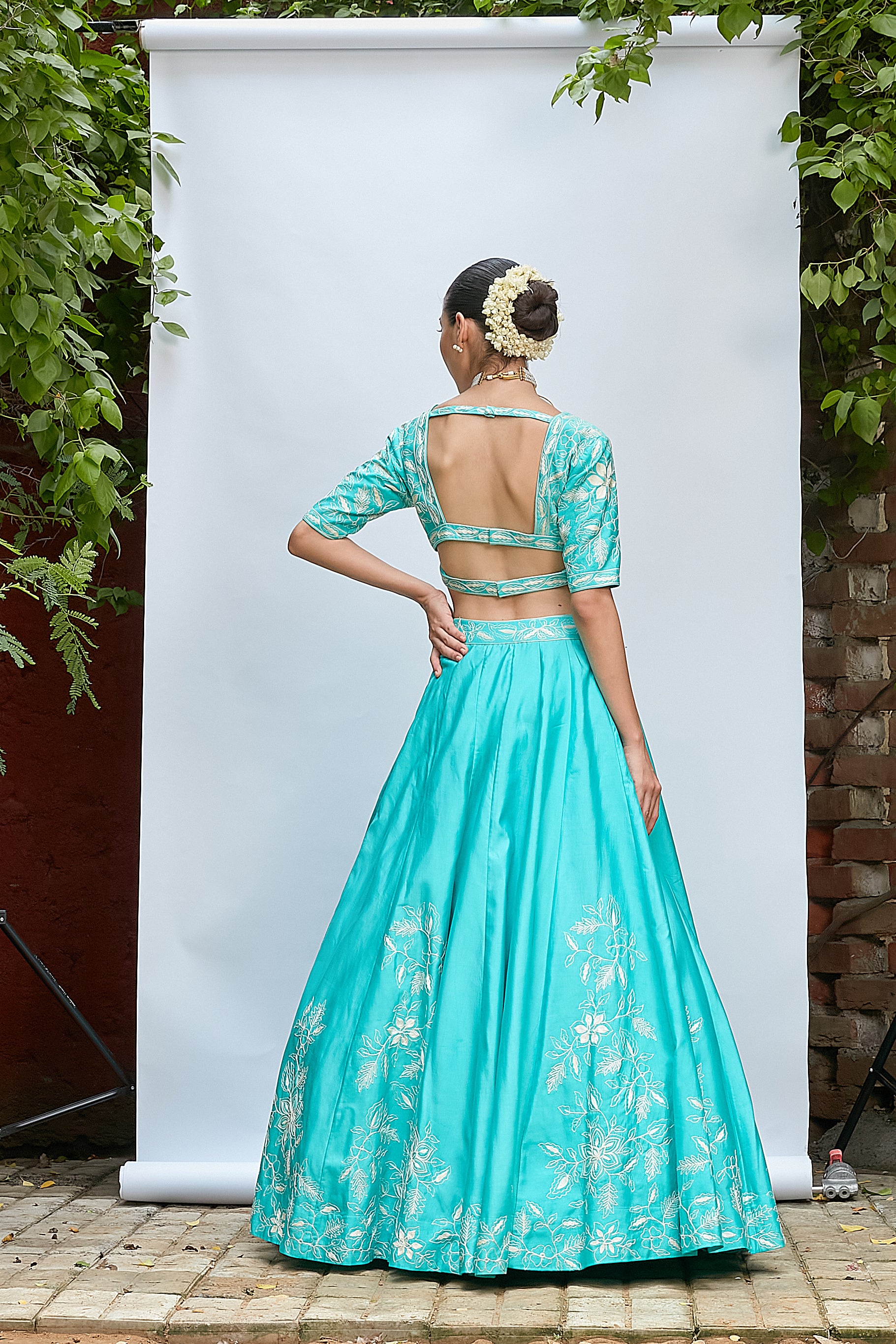 Turquoise Chanderi Lehenga Set