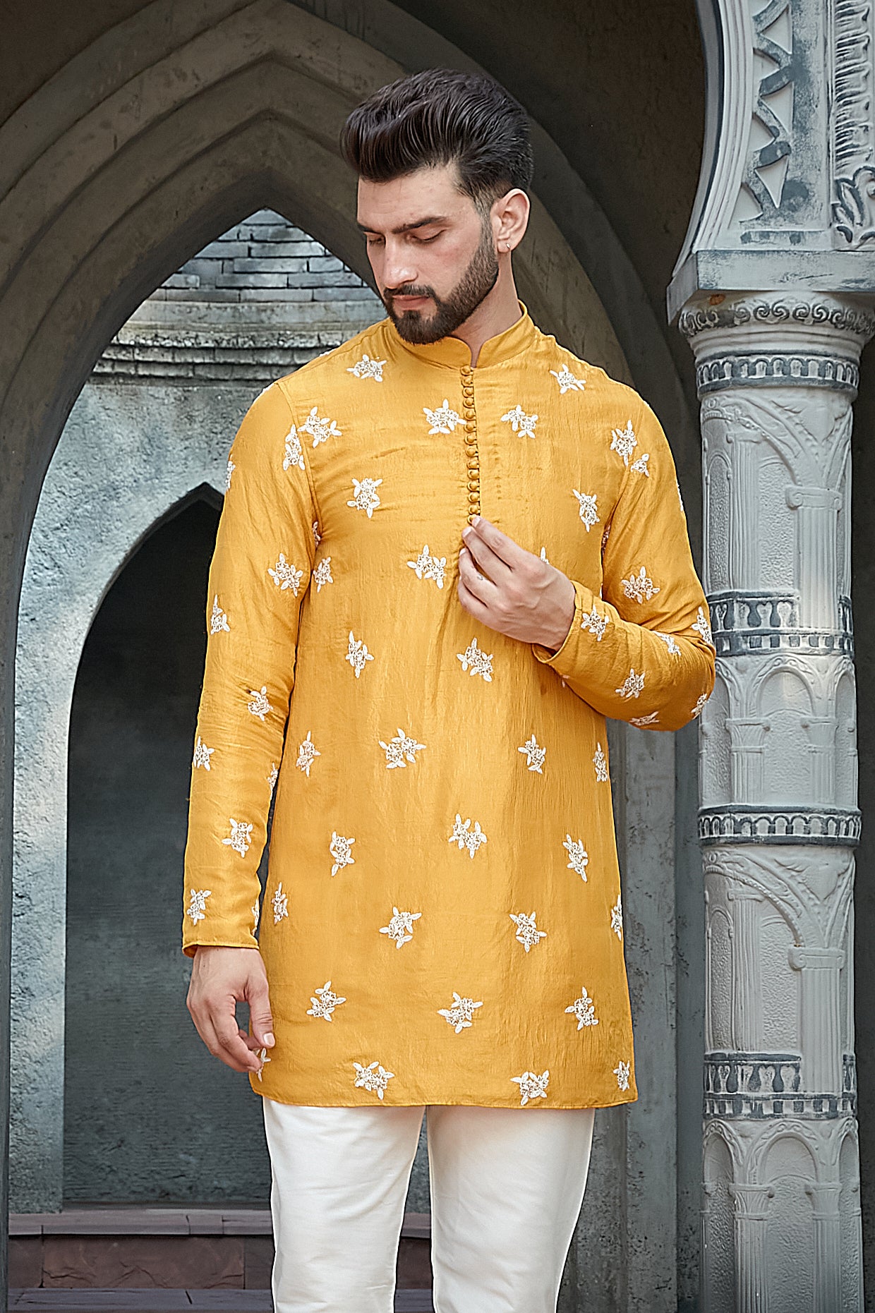 MUSTARD SILK SHORT KURTA SET