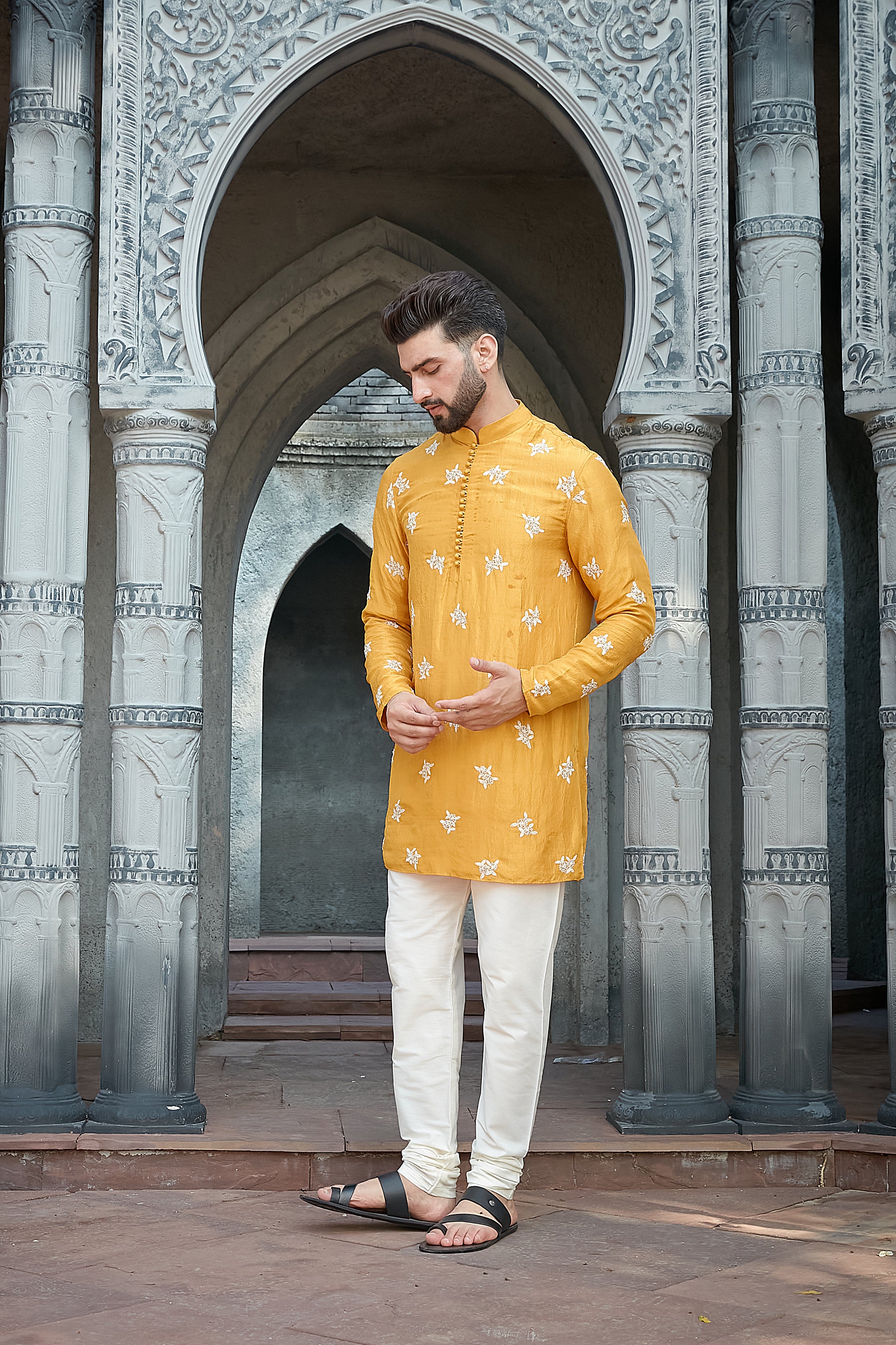 MUSTARD SILK SHORT KURTA SET