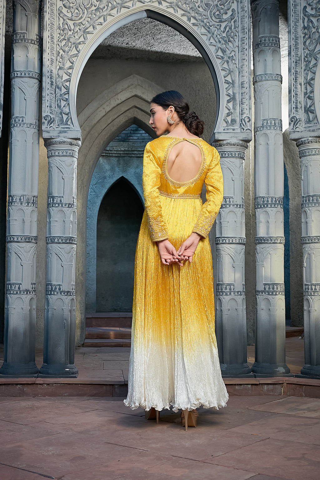 Yellow Crinkle Ombre Dyed Anarkali Set