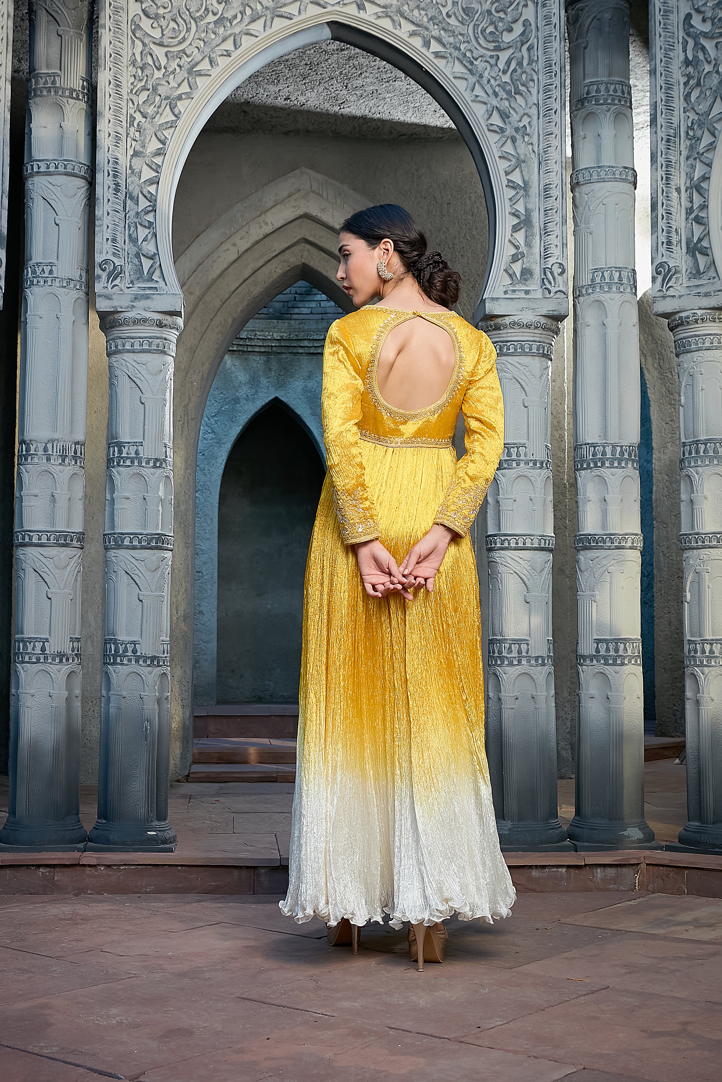 Yellow Crinkle Ombre Dyed Anarkali Set