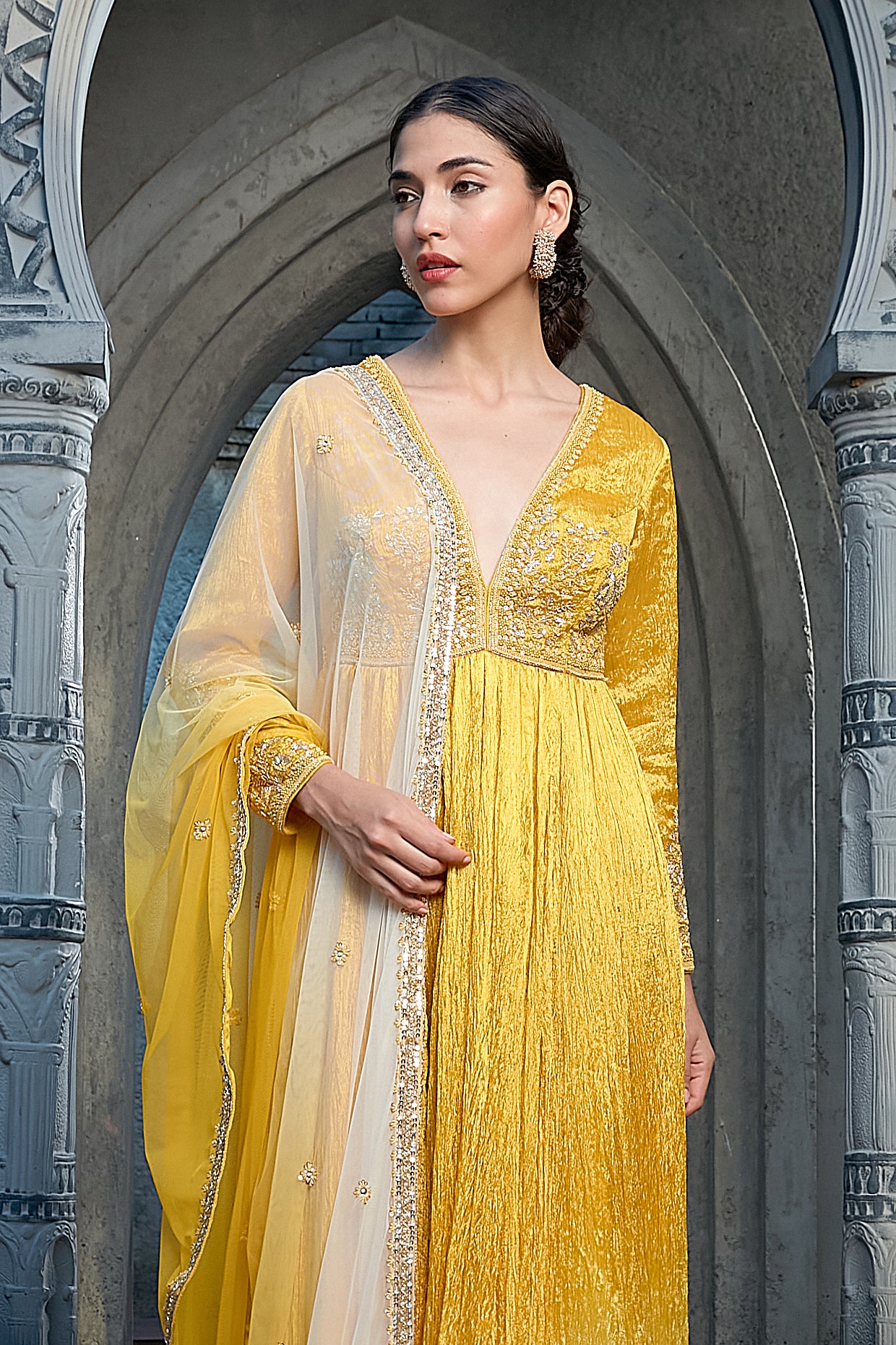 Yellow Crinkle Ombre Dyed Anarkali Set