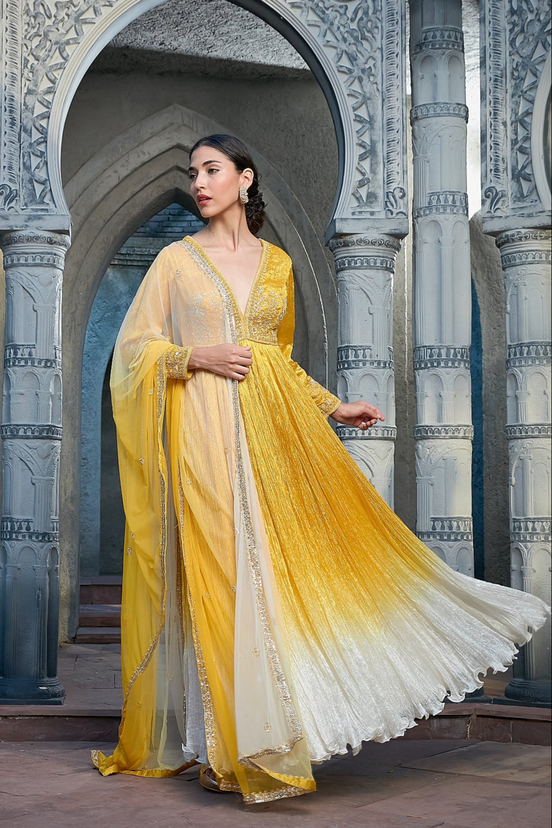 Yellow Crinkle Ombre Dyed Anarkali Set