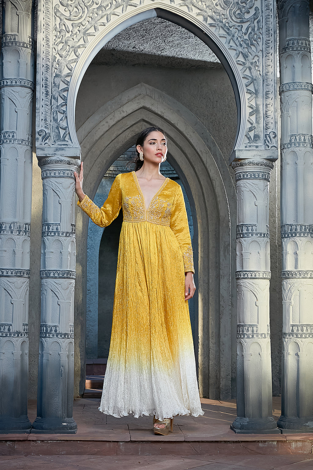 Yellow Crinkle Ombre Dyed Anarkali Set