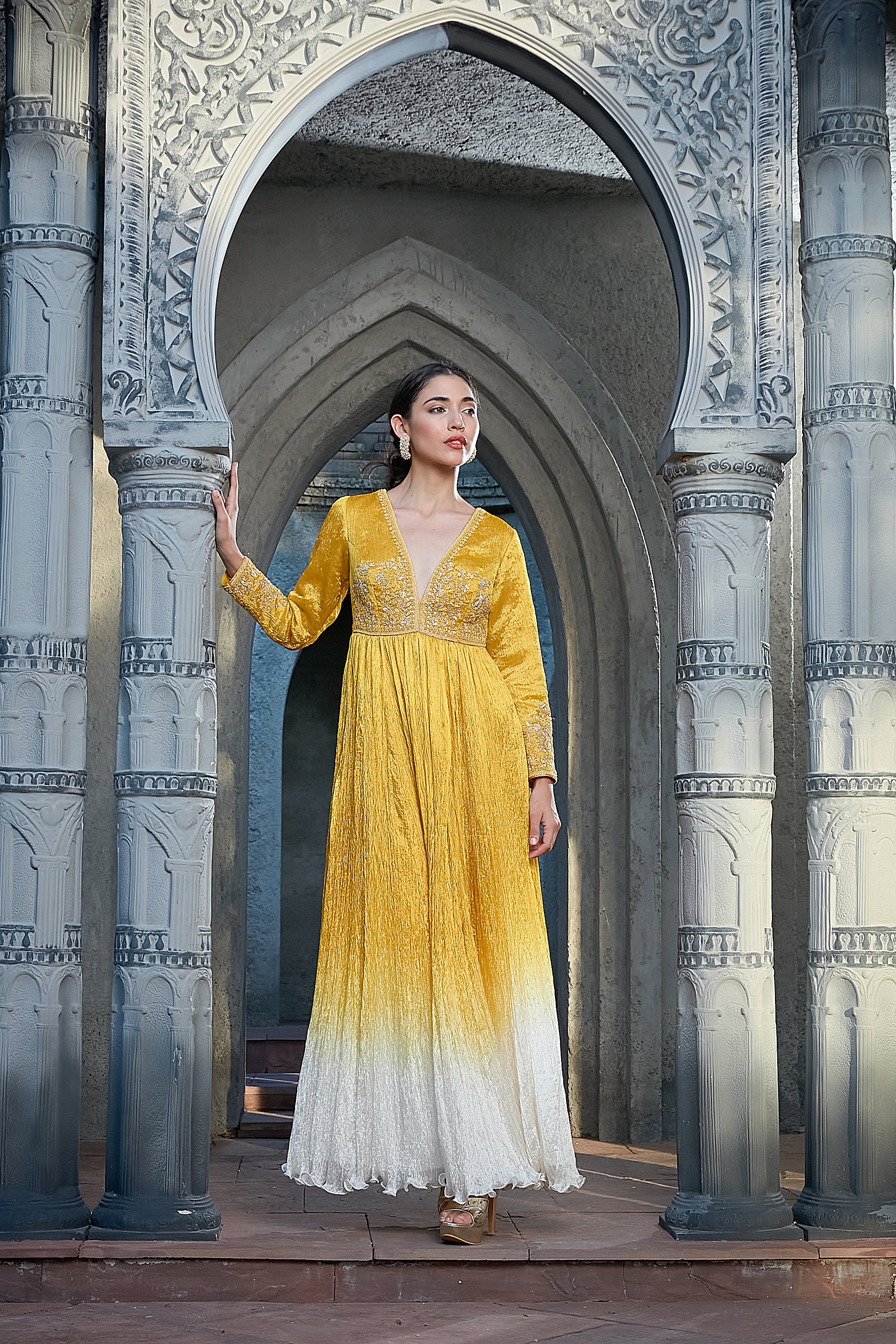 Yellow Crinkle Ombre Dyed Anarkali Set