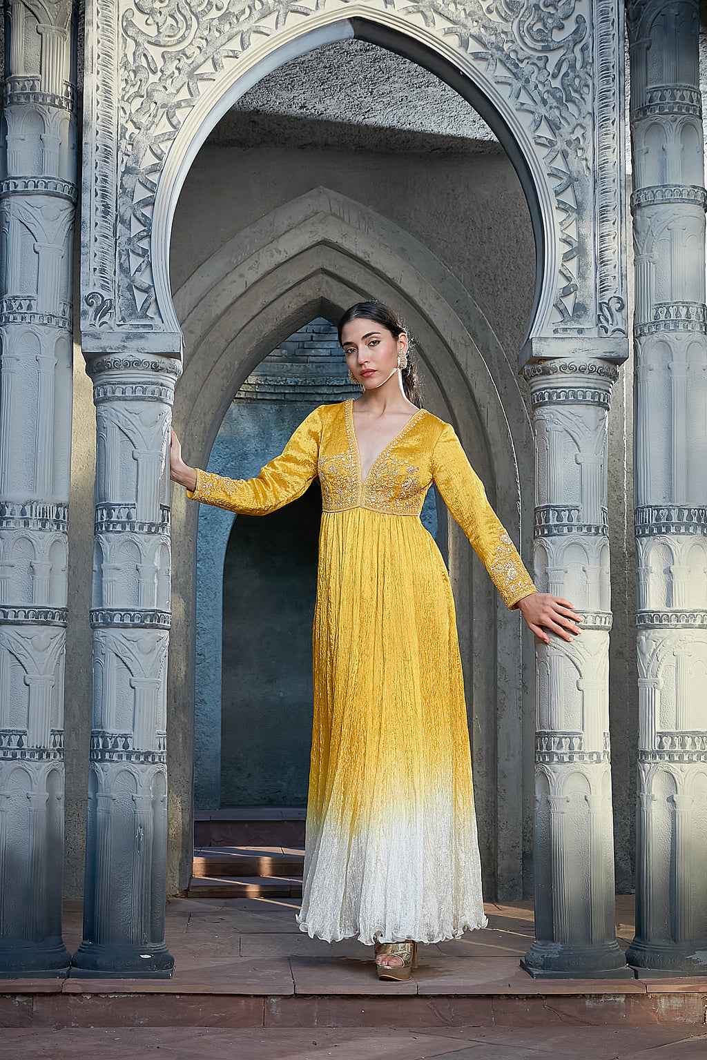 Yellow Crinkle Ombre Dyed Anarkali Set