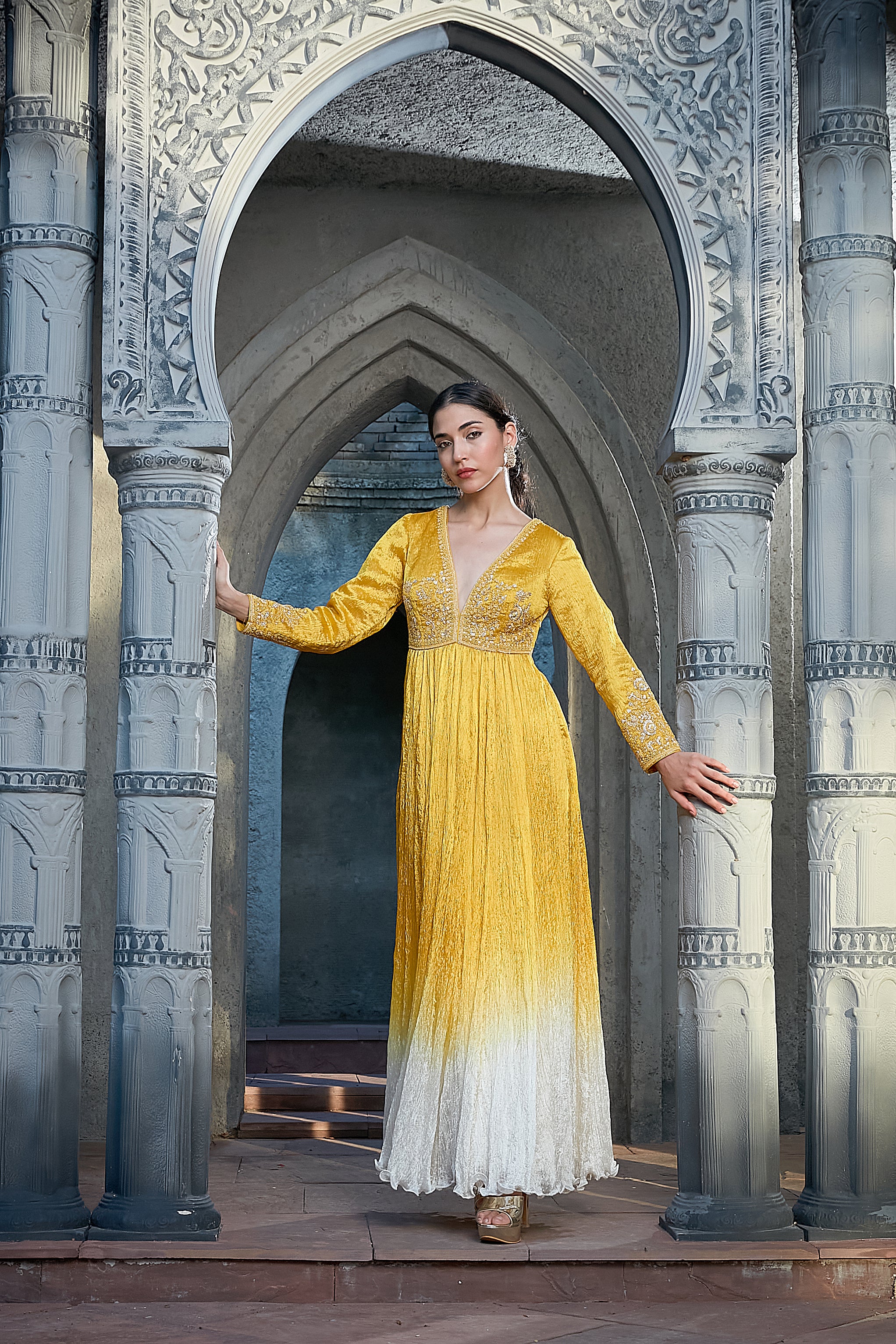 Yellow Crinkle Ombre Dyed Anarkali Set
