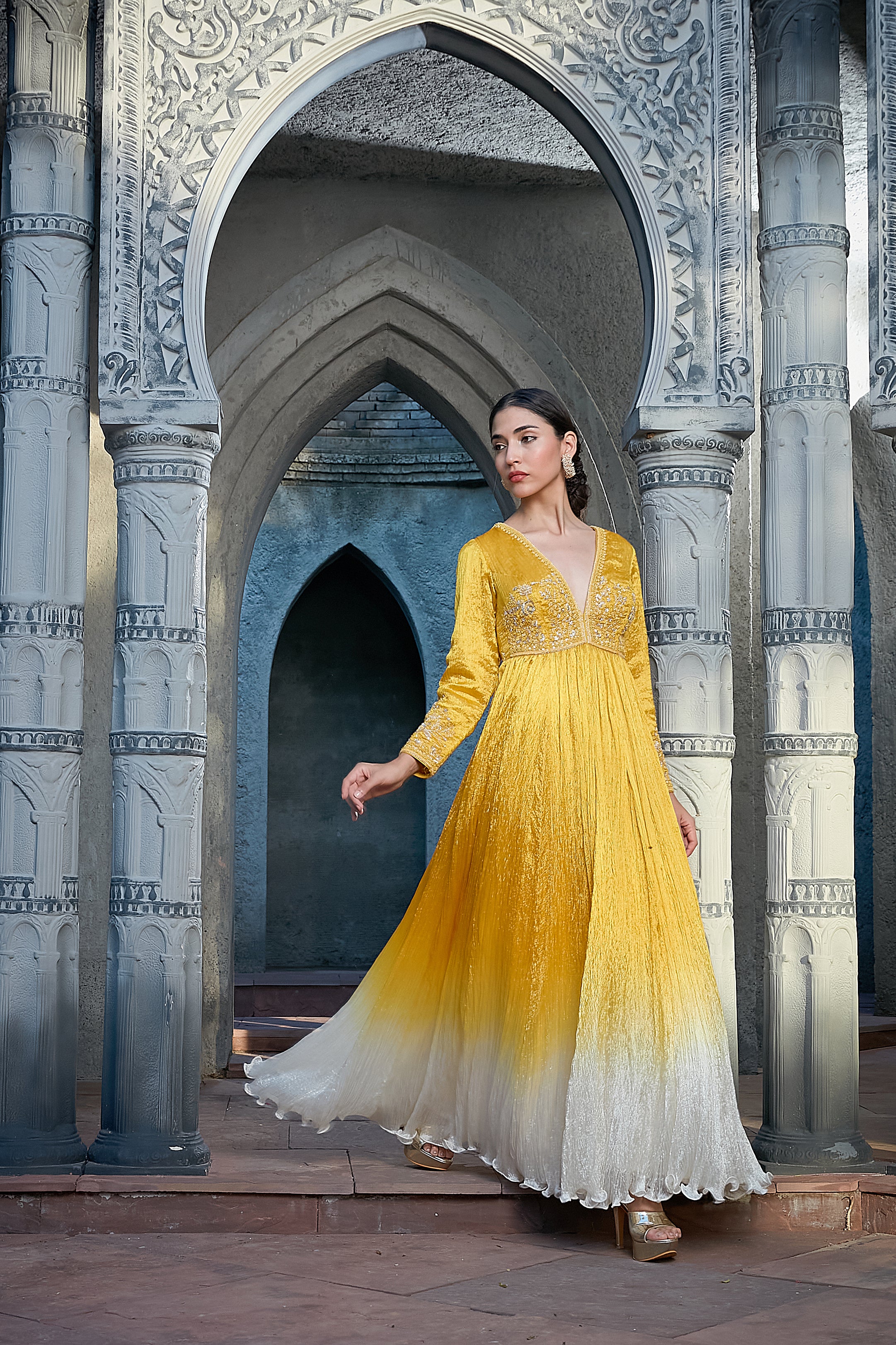 Yellow Crinkle Ombre Dyed Anarkali Set