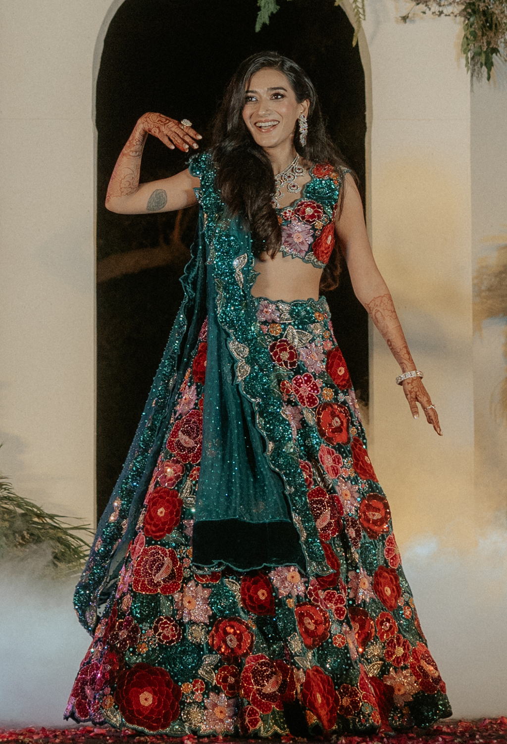 Teal Blue Velvet Lehenga with Rose Embroidery