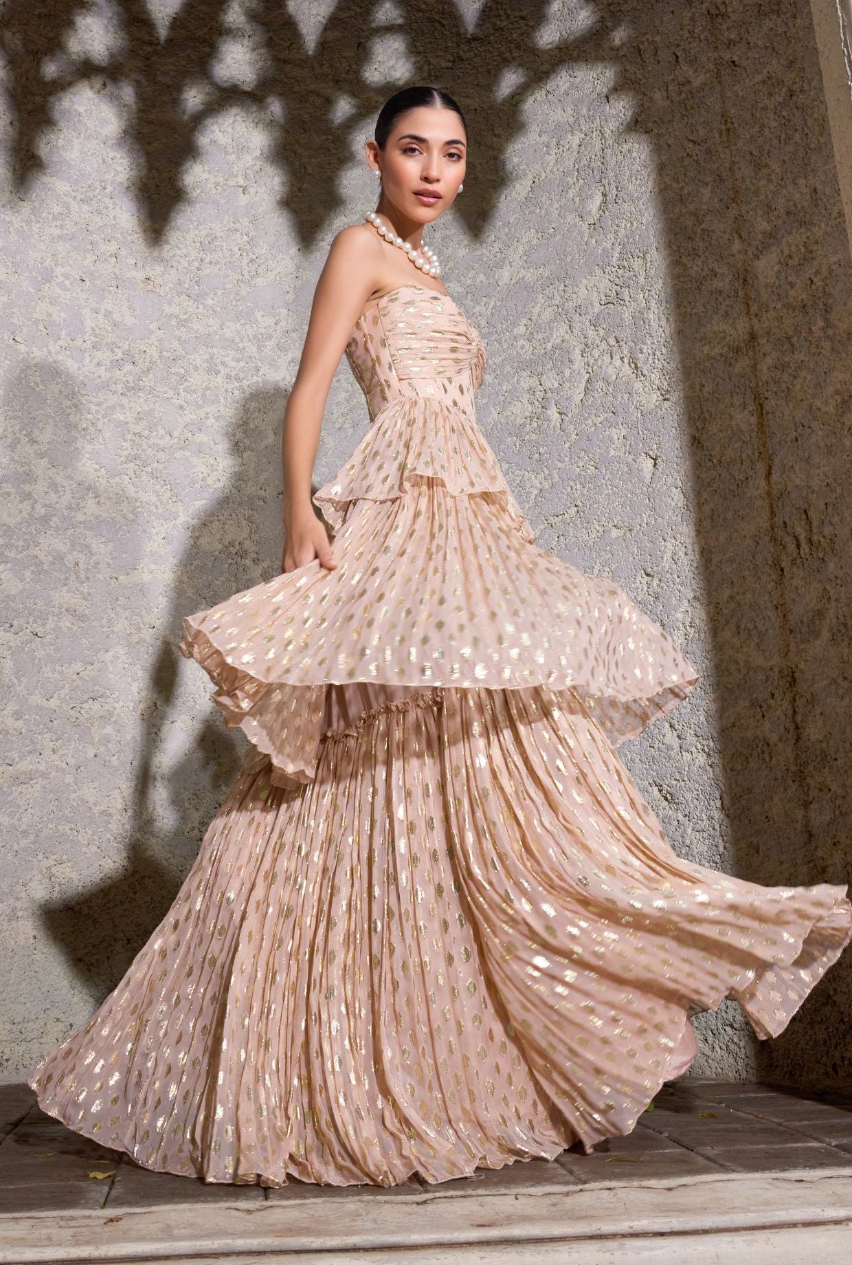GOLD SHIMMER 3 TIERED FLARED GOWN