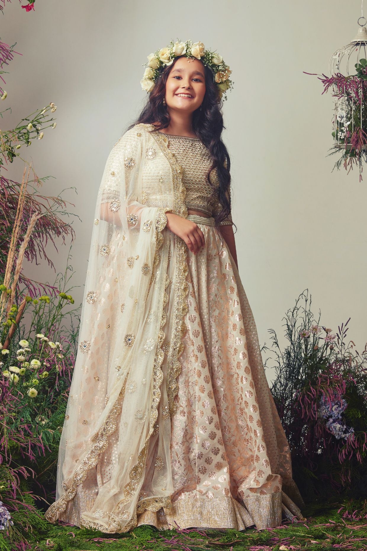 Ivory Embroidered Chanderi Lehenga Set For Girls